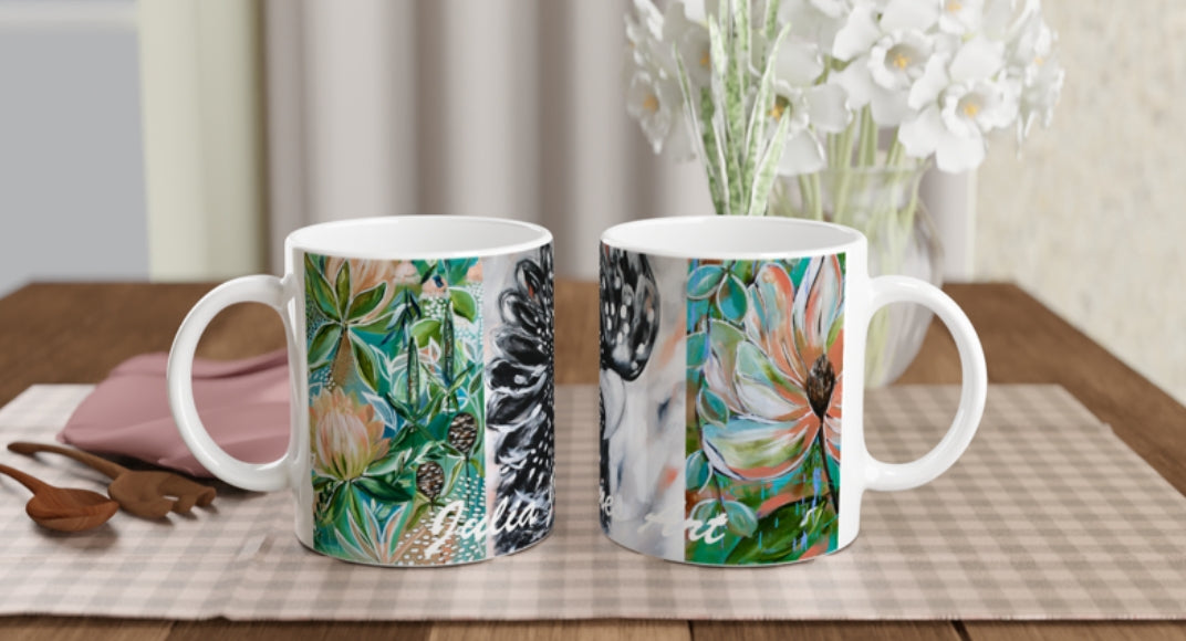 Flora & Feathers Mug – Native Blooms and Black Cockatoo