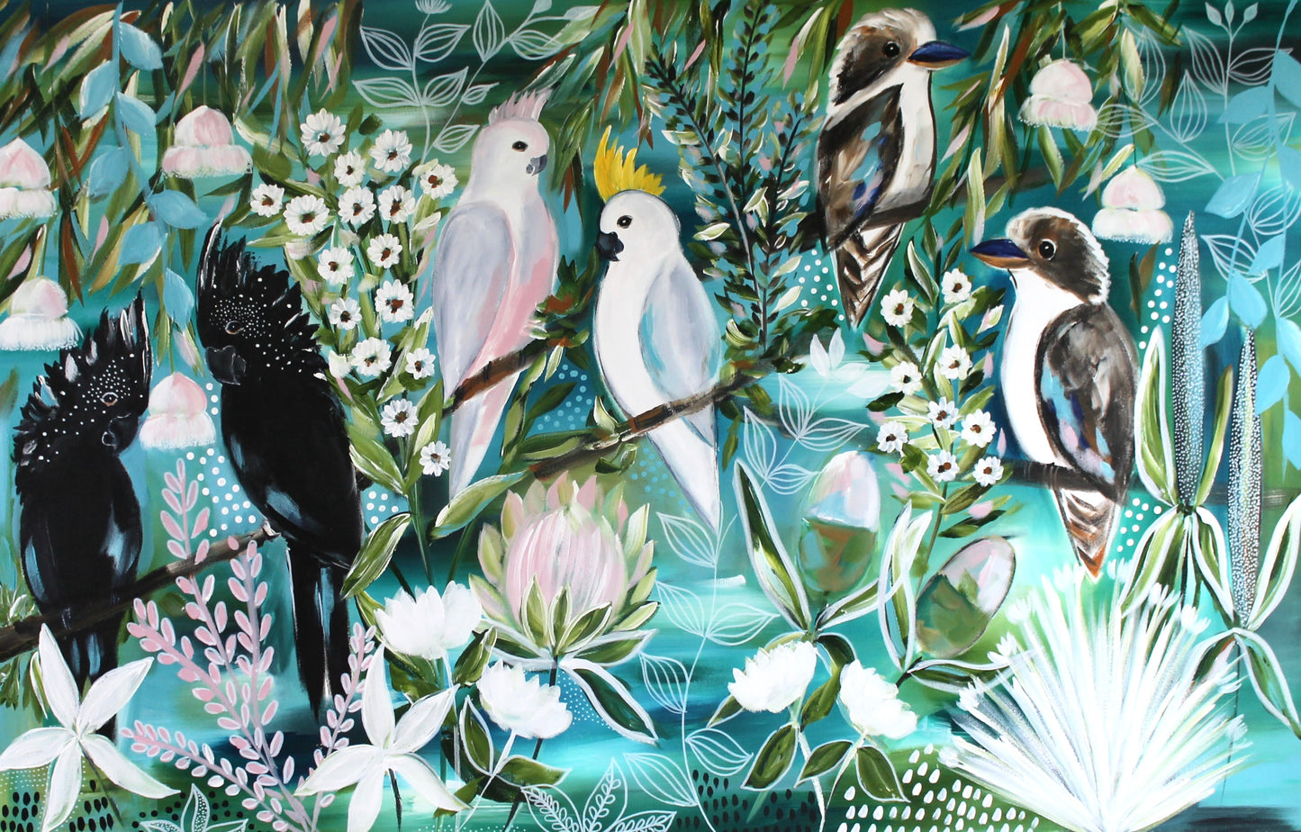Kookaburras & Cockatoos Among Native Blooms - 1.4x900