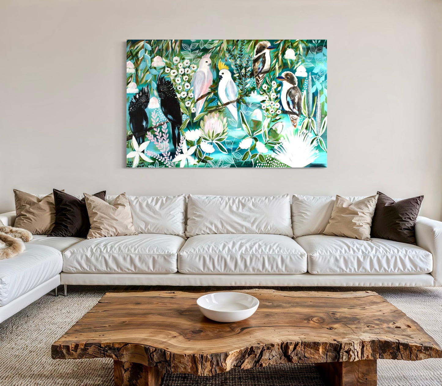 Kookaburras & Cockatoos Among Native Blooms - 1.4x900