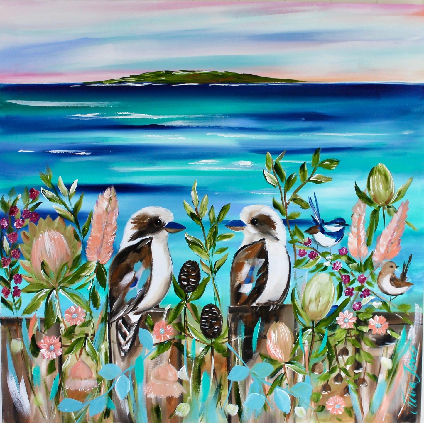 Rustic Charm: Kookaburras by the Coast - 900x900 - Julia Jones Art