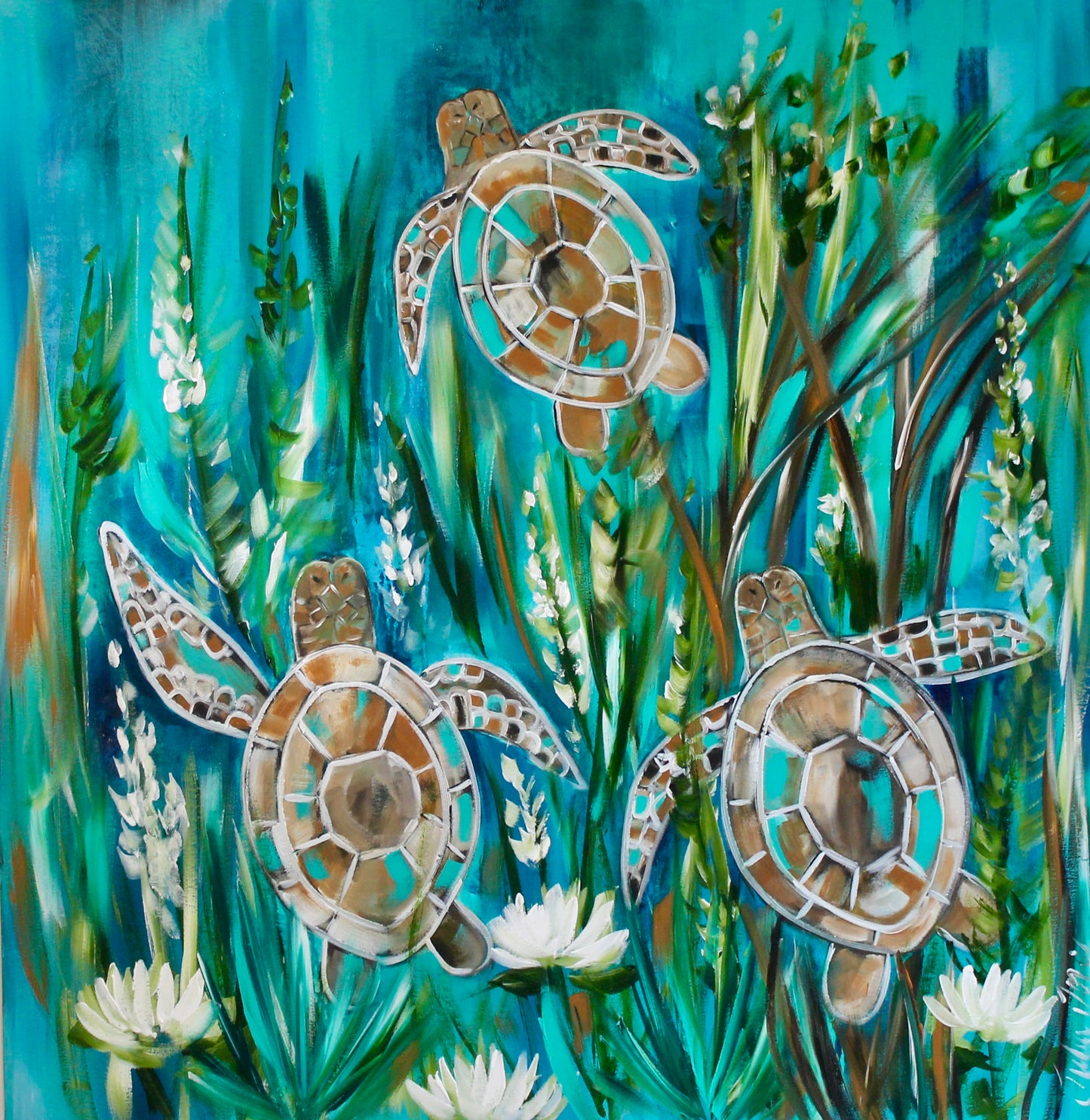 Drifting with the Tides – Three Sea Turtles - 900 x 900