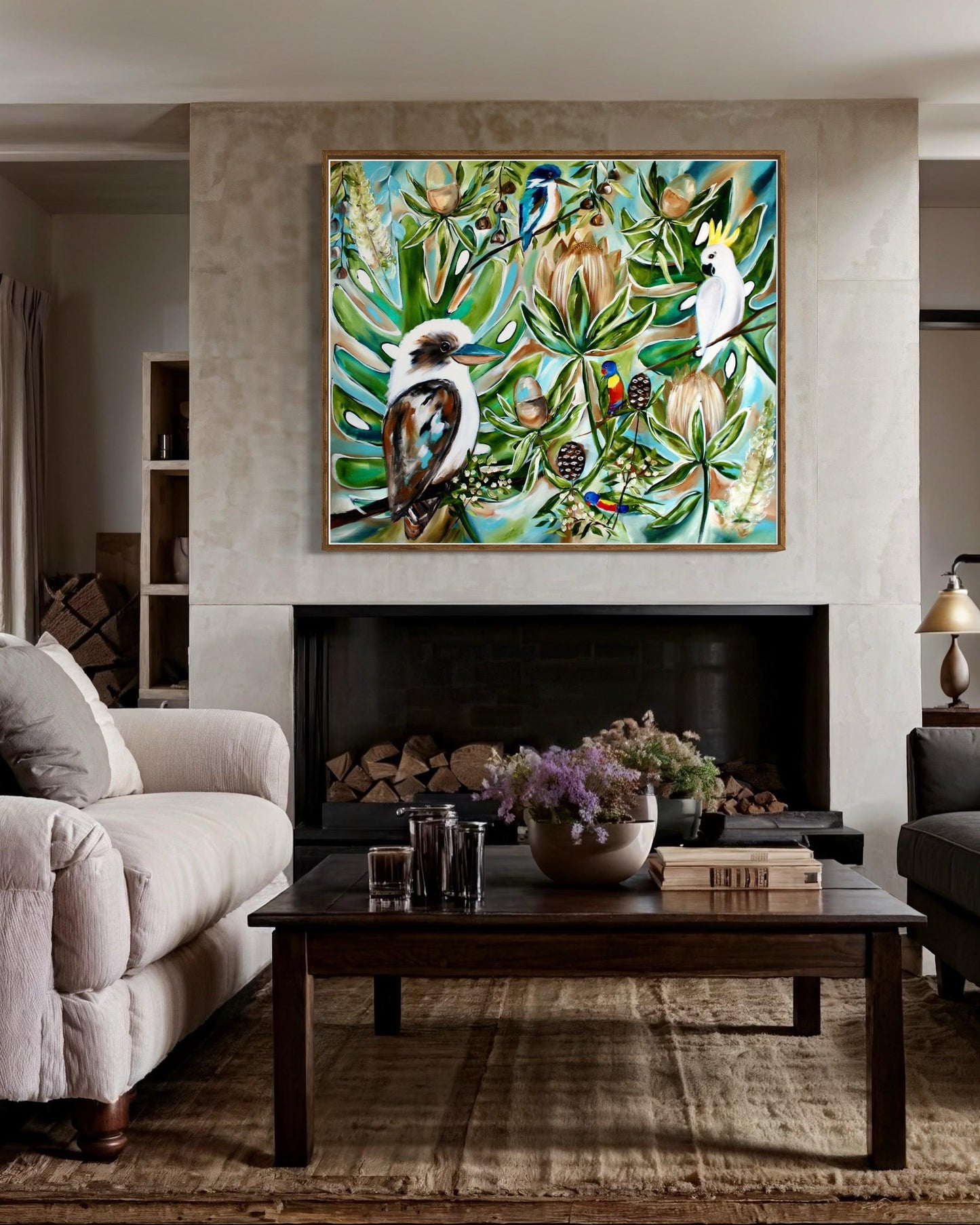 Lush Australiana: A Symphony of Native Flora and Feathered Friends - 1.4x1.2 - Julia Jones Art