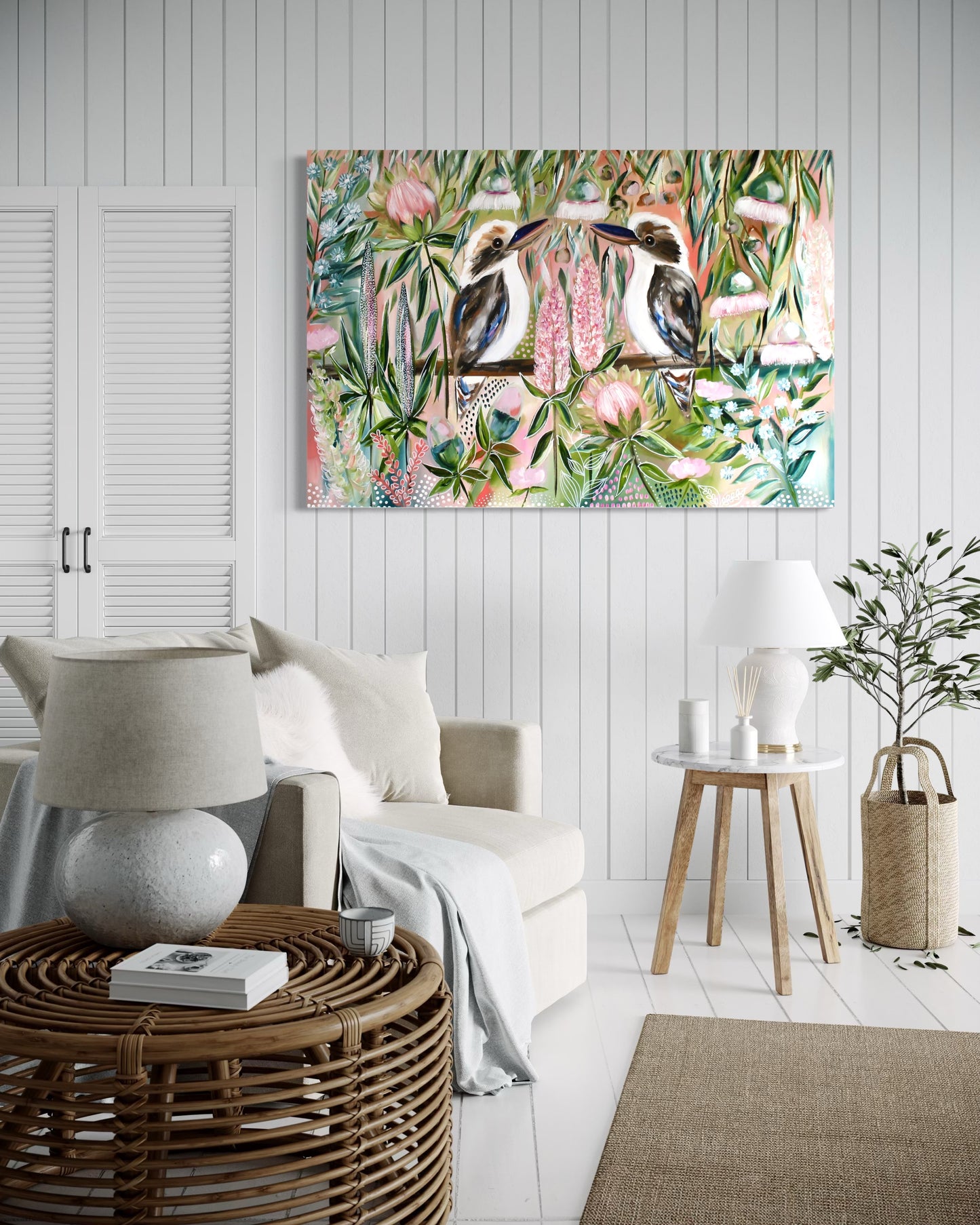 Pink Blossom Kookaburras - 82 x 120 cm