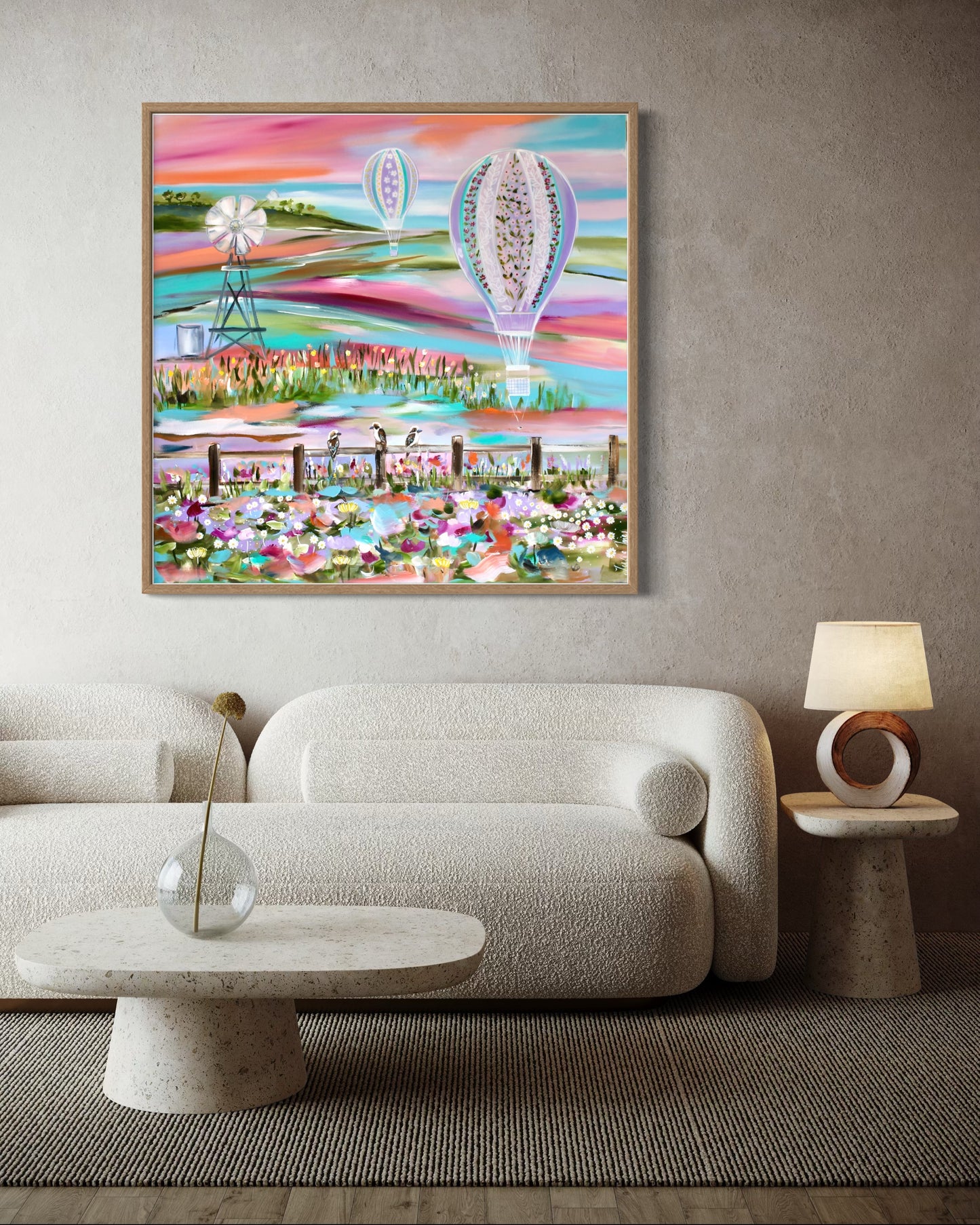 Floating Fields and Whimsical Hot Air Balloons -100 x 100 cm
