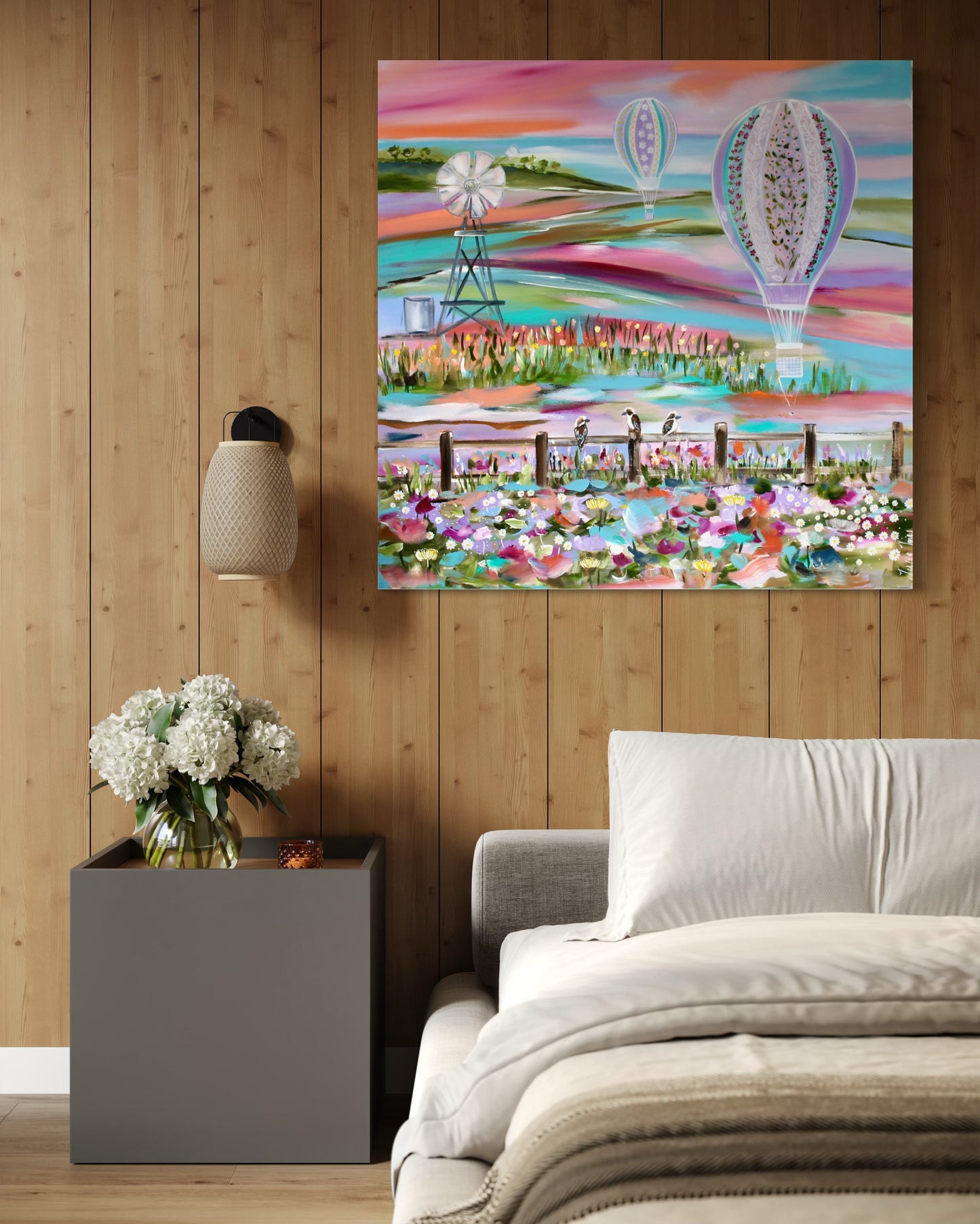 Floating Fields and Whimsical Hot Air Balloons -100 x 100 cm