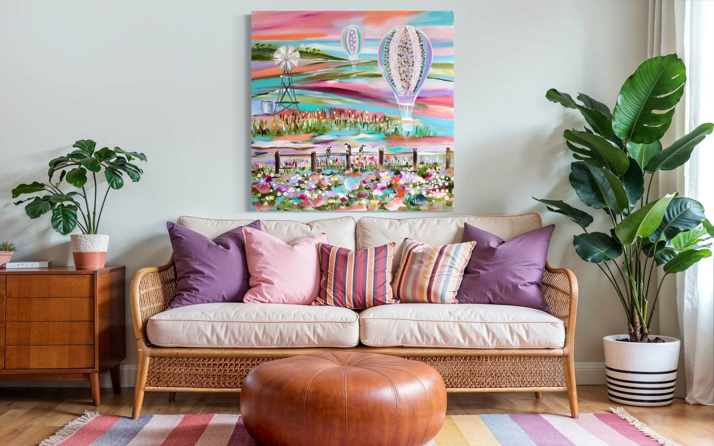 Floating Fields and Whimsical Hot Air Balloons -100 x 100 cm