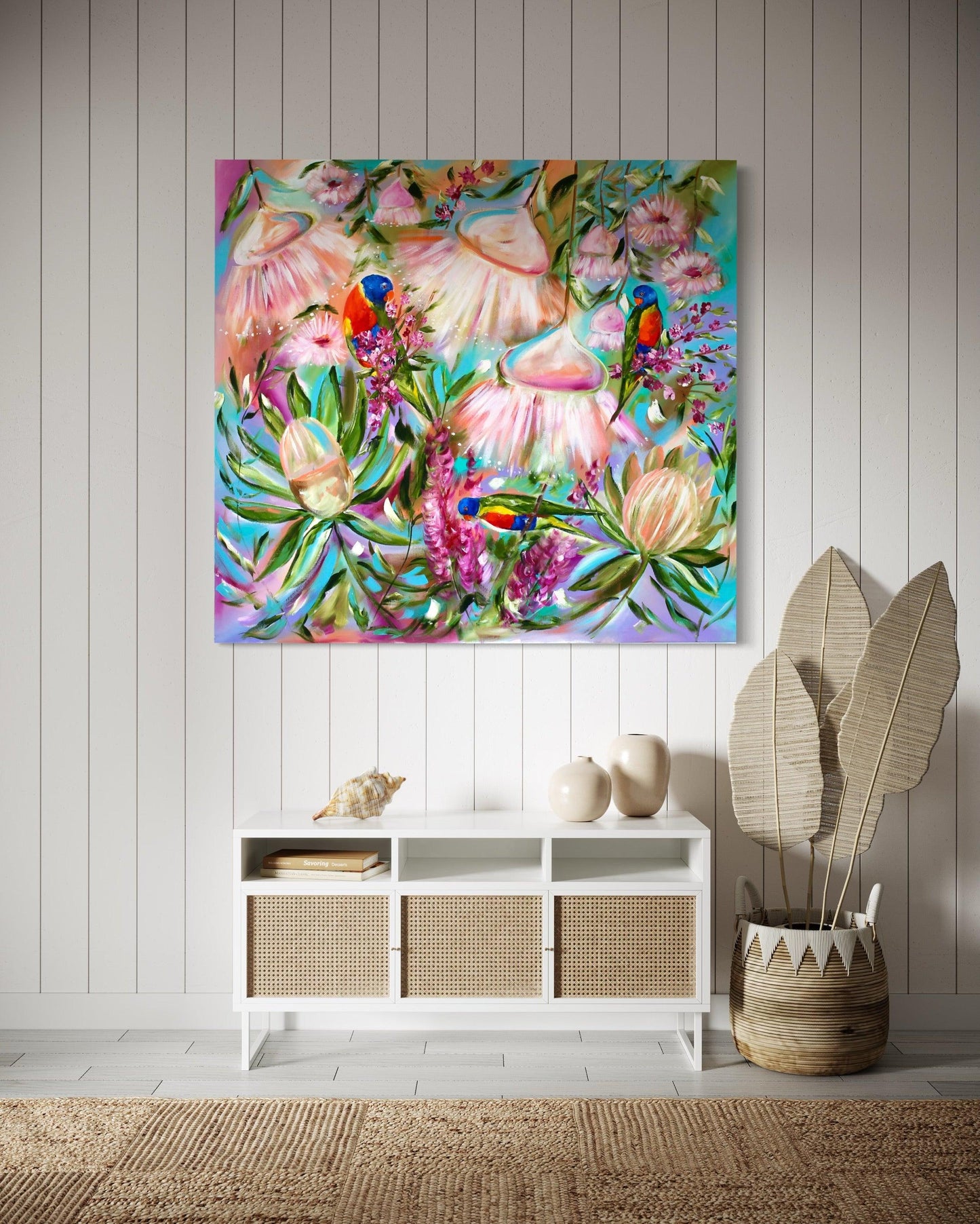 Trio of Lorikeets Amidst Pastel Blossoms - 1.1x1 - Julia Jones Art