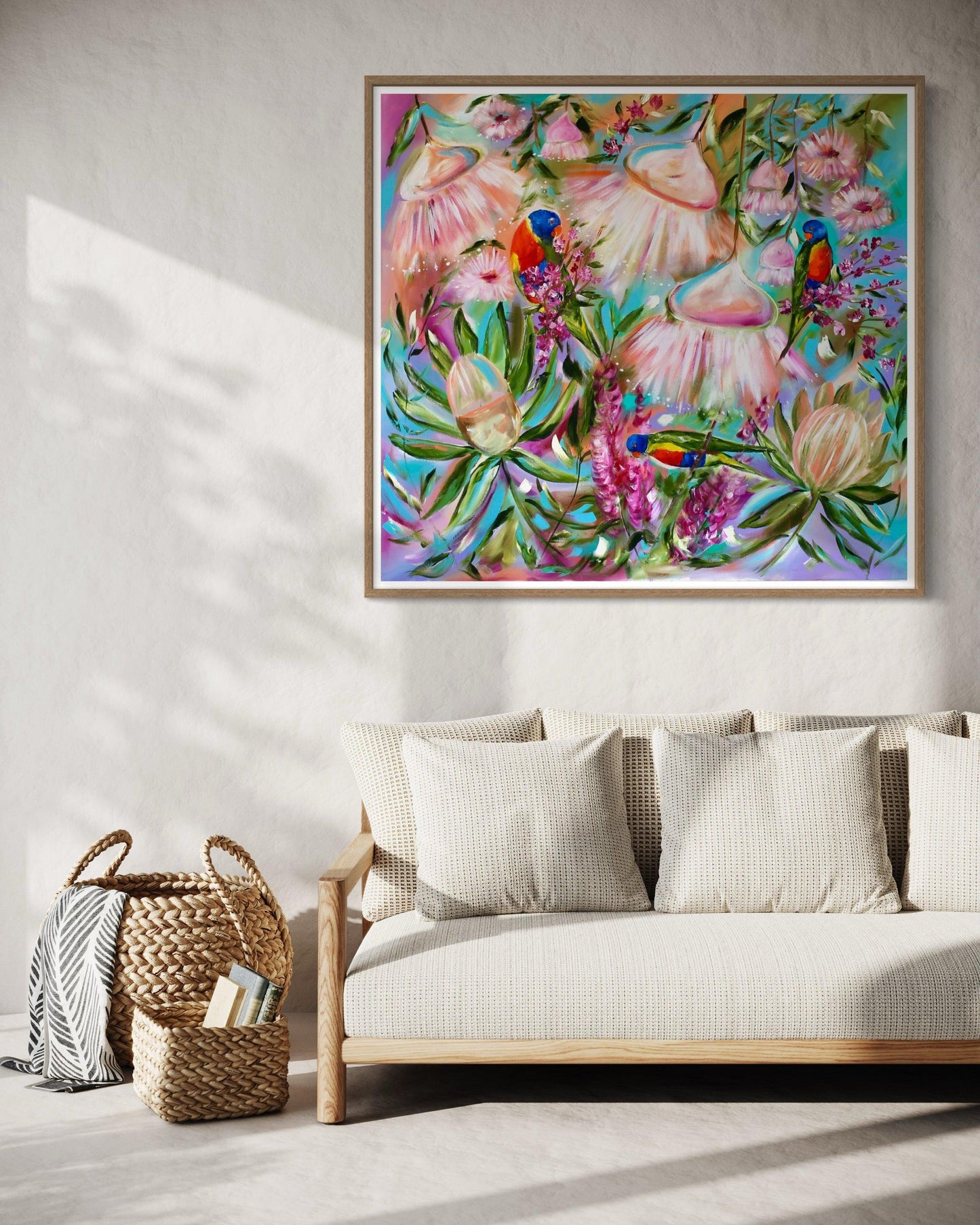 Trio of Lorikeets Amidst Pastel Blossoms - 1.1x1 - Julia Jones Art
