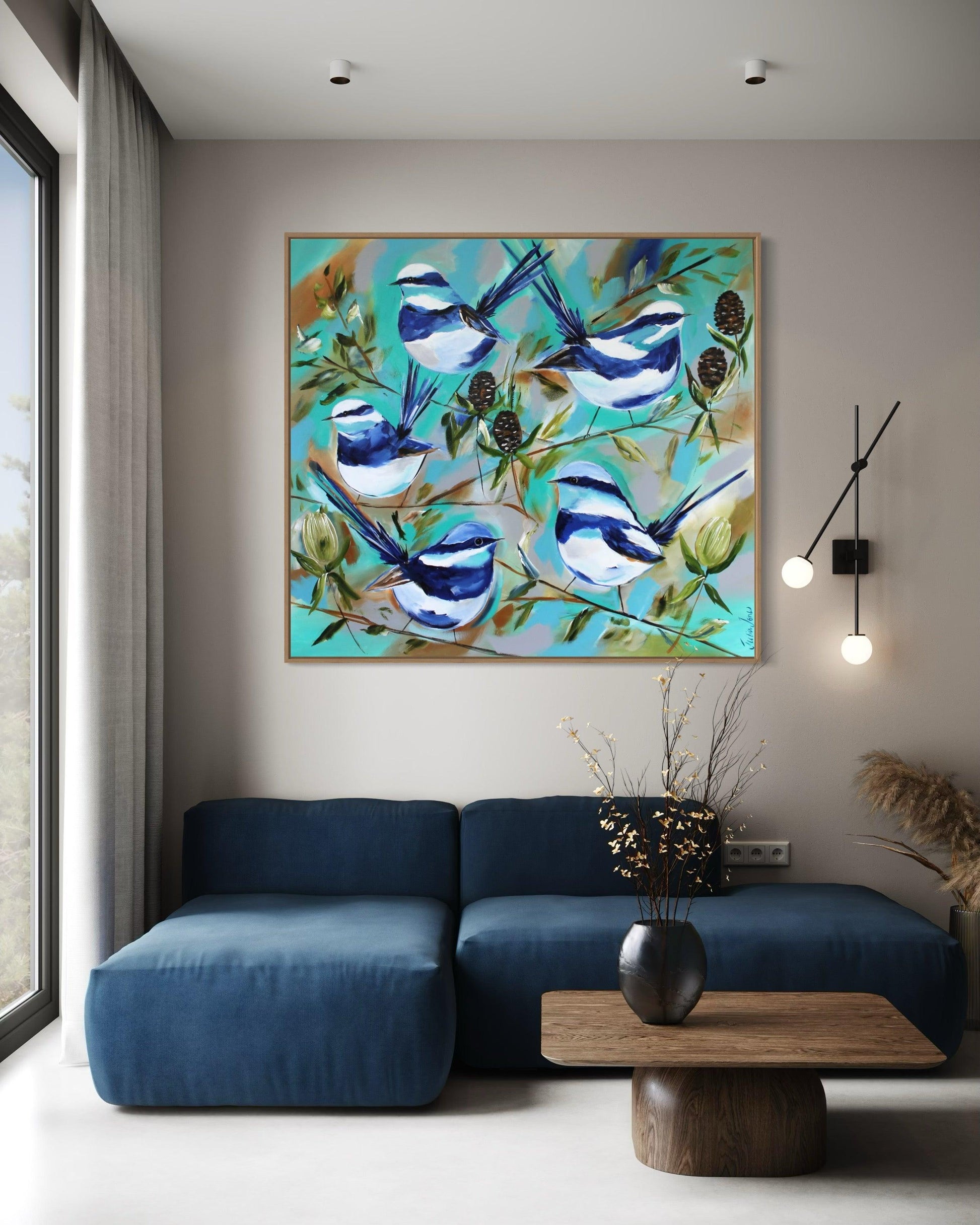 Blue Wren Symphony: Vibrant Native Australian Bird Artwork - 1.1x1m - Julia Jones Art