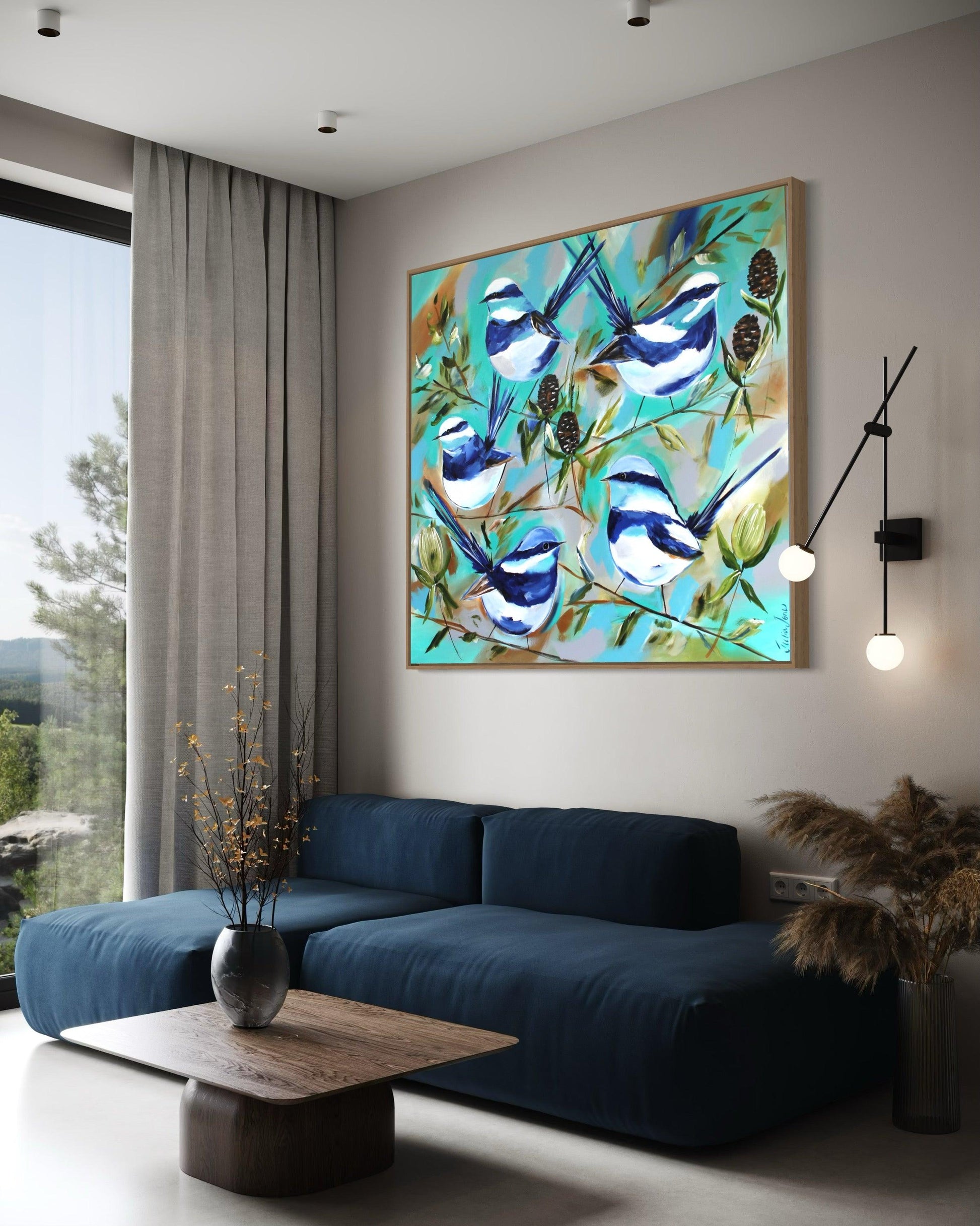 Blue Wren Symphony: Vibrant Native Australian Bird Artwork - 1.1x1m - Julia Jones Art