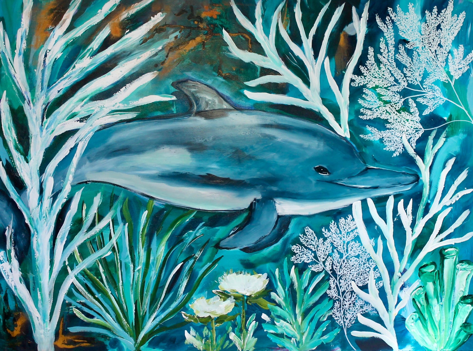 Dolphin swimming in coral 