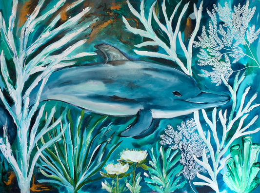 Dolphin swimming in coral 
