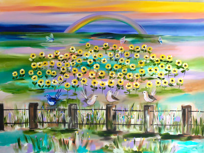 Colorful painting of sunflowers, birds, and a rainbow in a field.