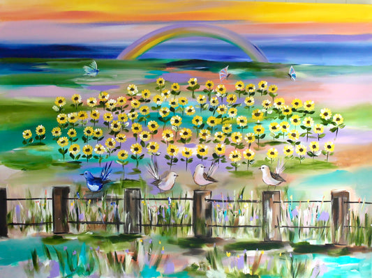 Colorful painting of sunflowers, birds, and a rainbow in a field.