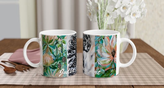 Flora & Feathers Mug – Native Blooms and Black Cockatoo