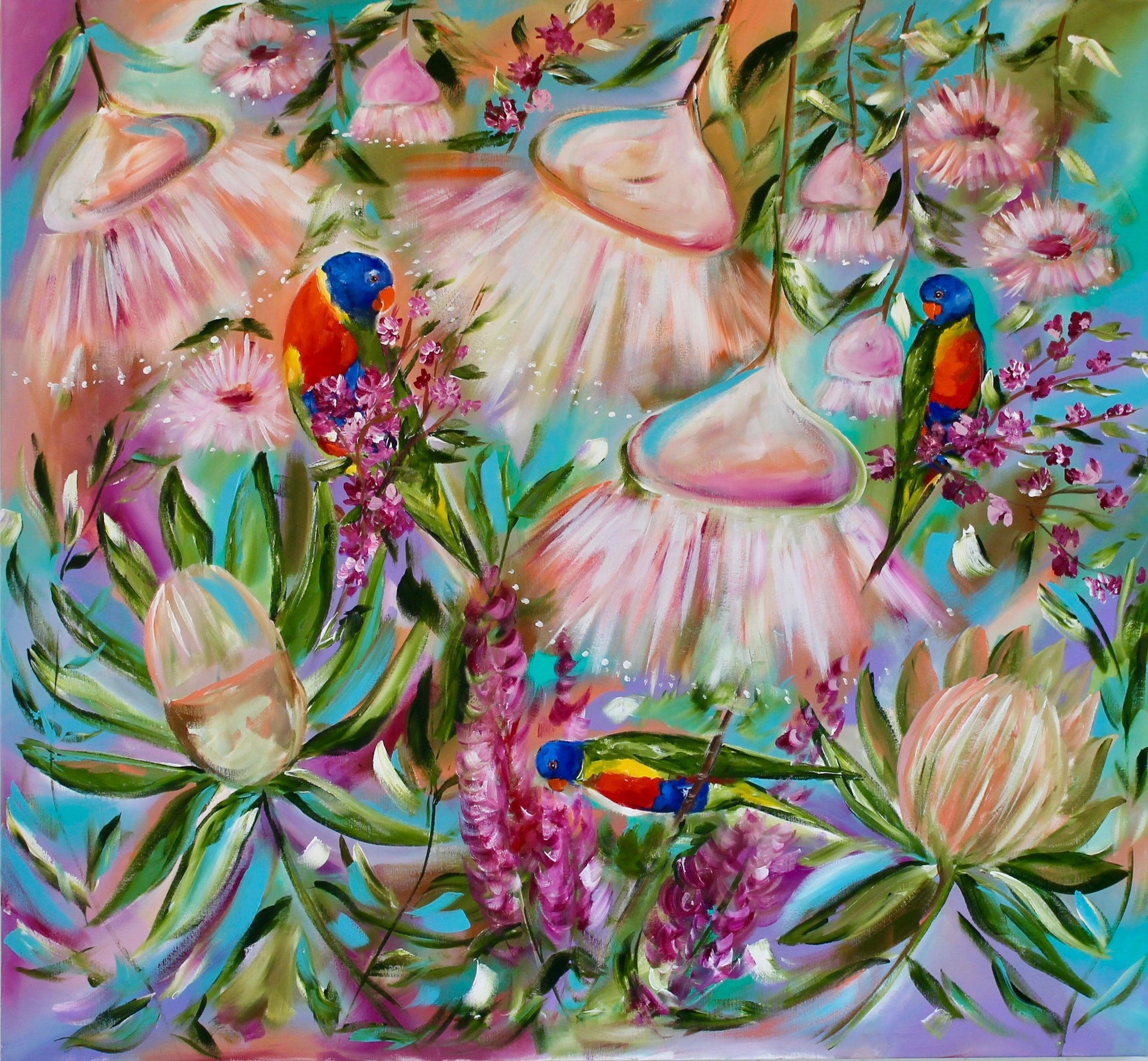 Trio of Lorikeets Amidst Pastel Blossoms - 1.1x1 - Julia Jones Art