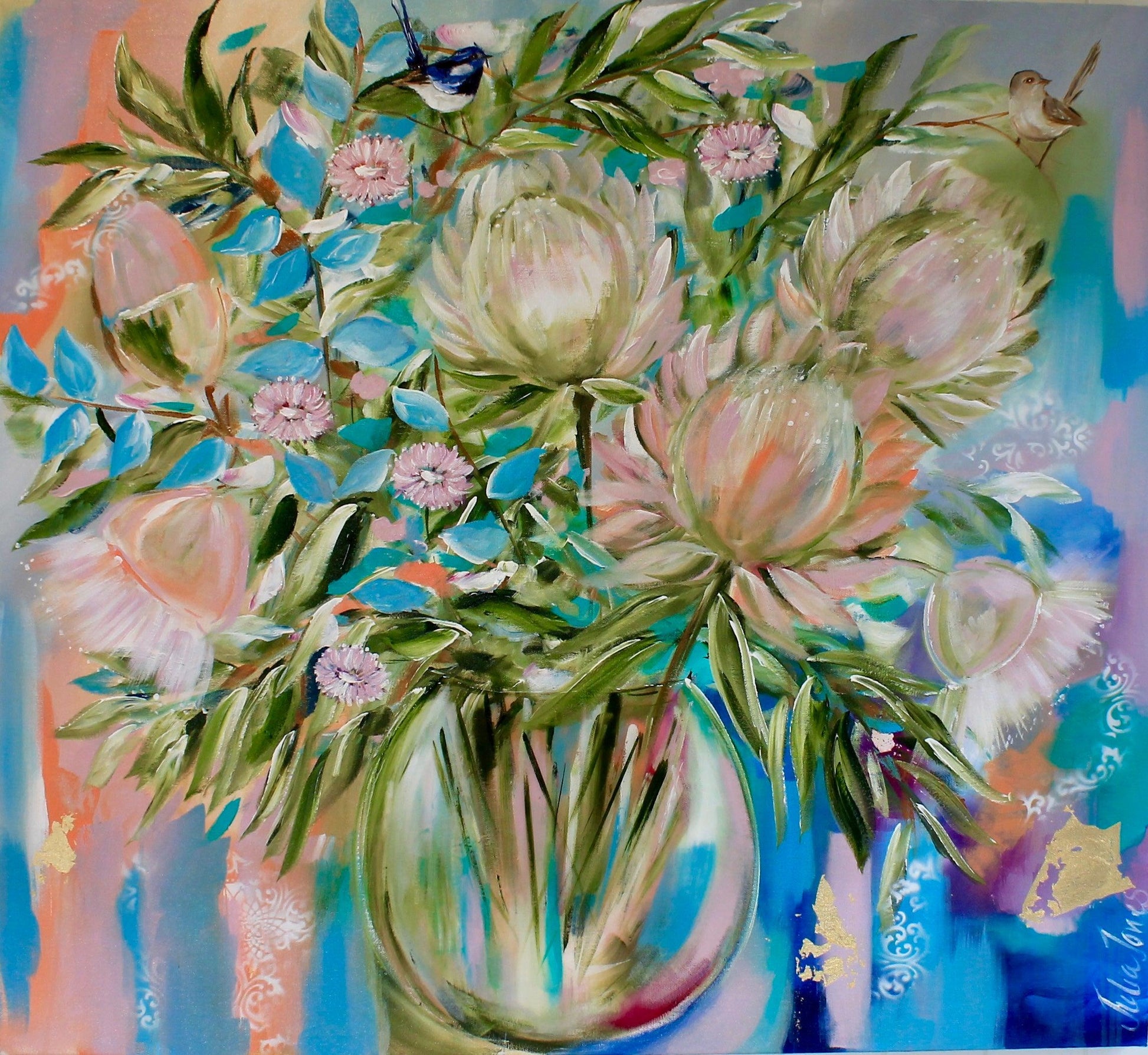 Australian Elegance: Proteas and Wrens - Julia Jones Art