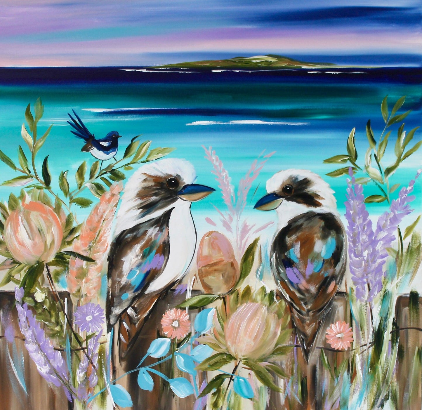 Kookaburras by the Coast: A Serene Australian Landscape - 900x900 - Julia Jones Art
