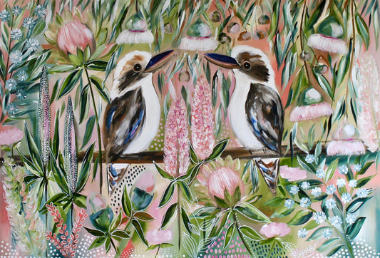 Pink Blossom Kookaburras - 82 x 120 cm
