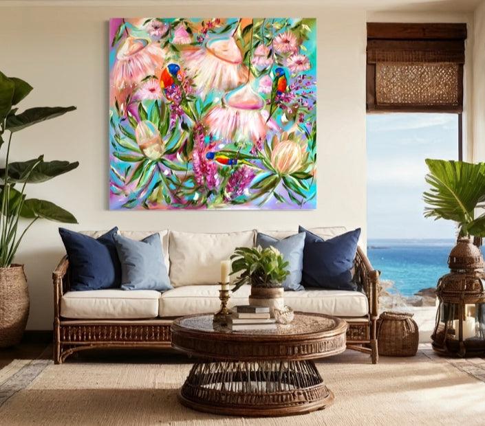 Trio of Lorikeets Amidst Pastel Blossoms - 1.1x1 - Julia Jones Art