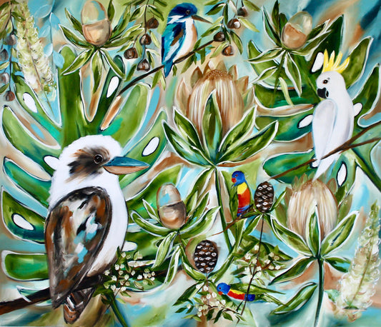 Lush Australiana: A Symphony of Native Flora and Feathered Friends - 1.4x1.2 - Julia Jones Art