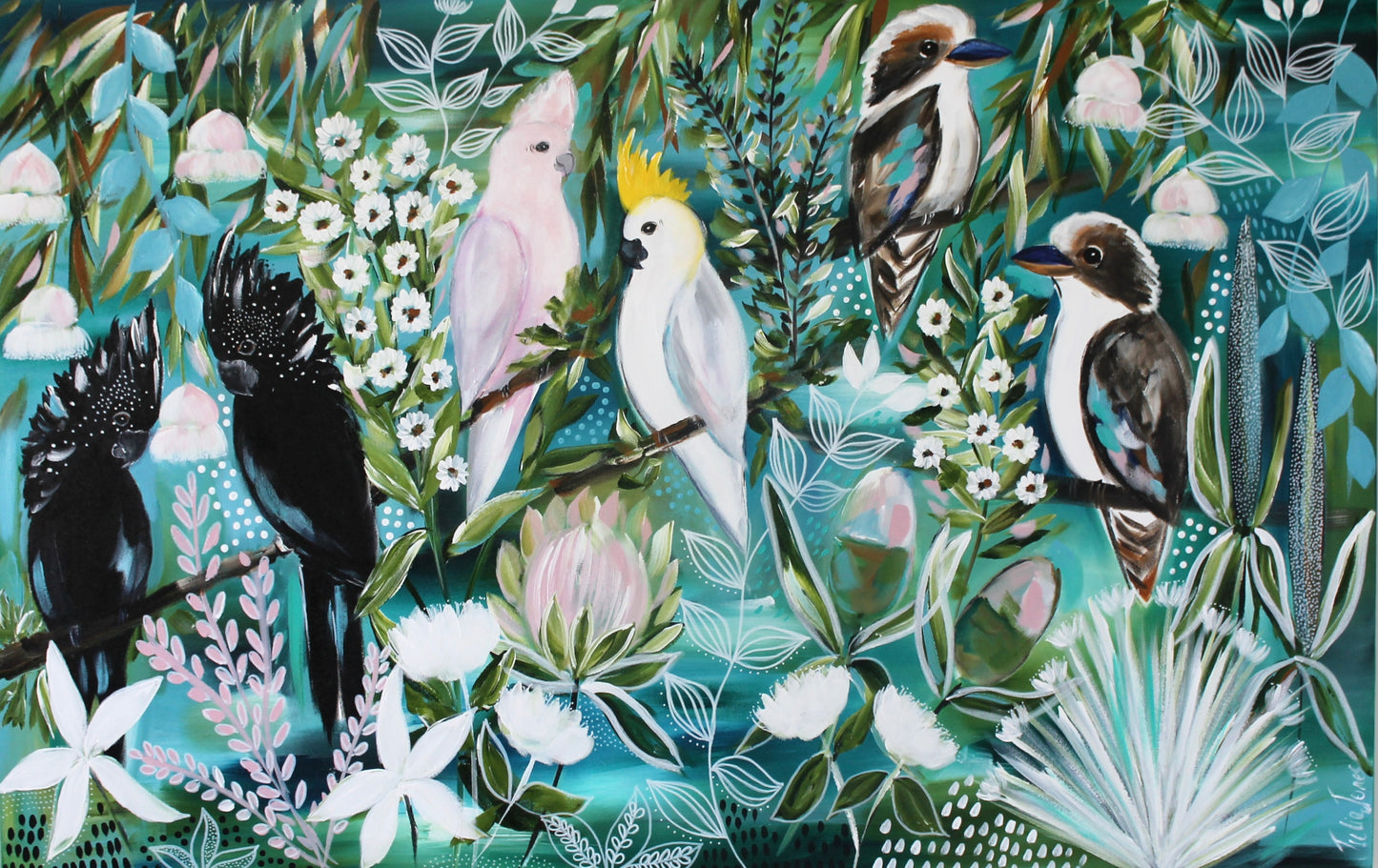 Kookaburras & Cockatoos Among Native Blooms - 1.4x900