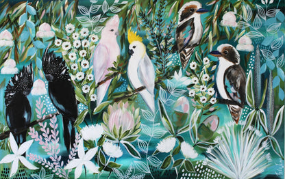 Kookaburras & Cockatoos Among Native Blooms - 1.4x900