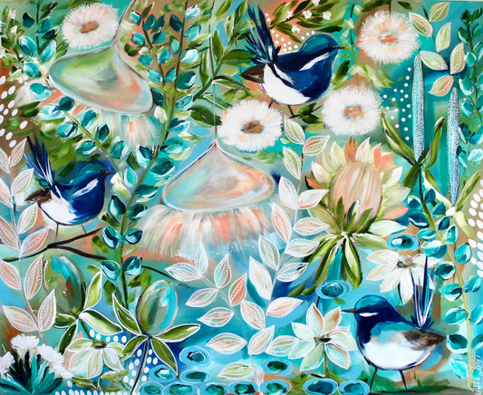 Pastel blooms and pretty little wrens