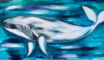 Painting of a whale in an underwater scene with blue and aqua green hues
