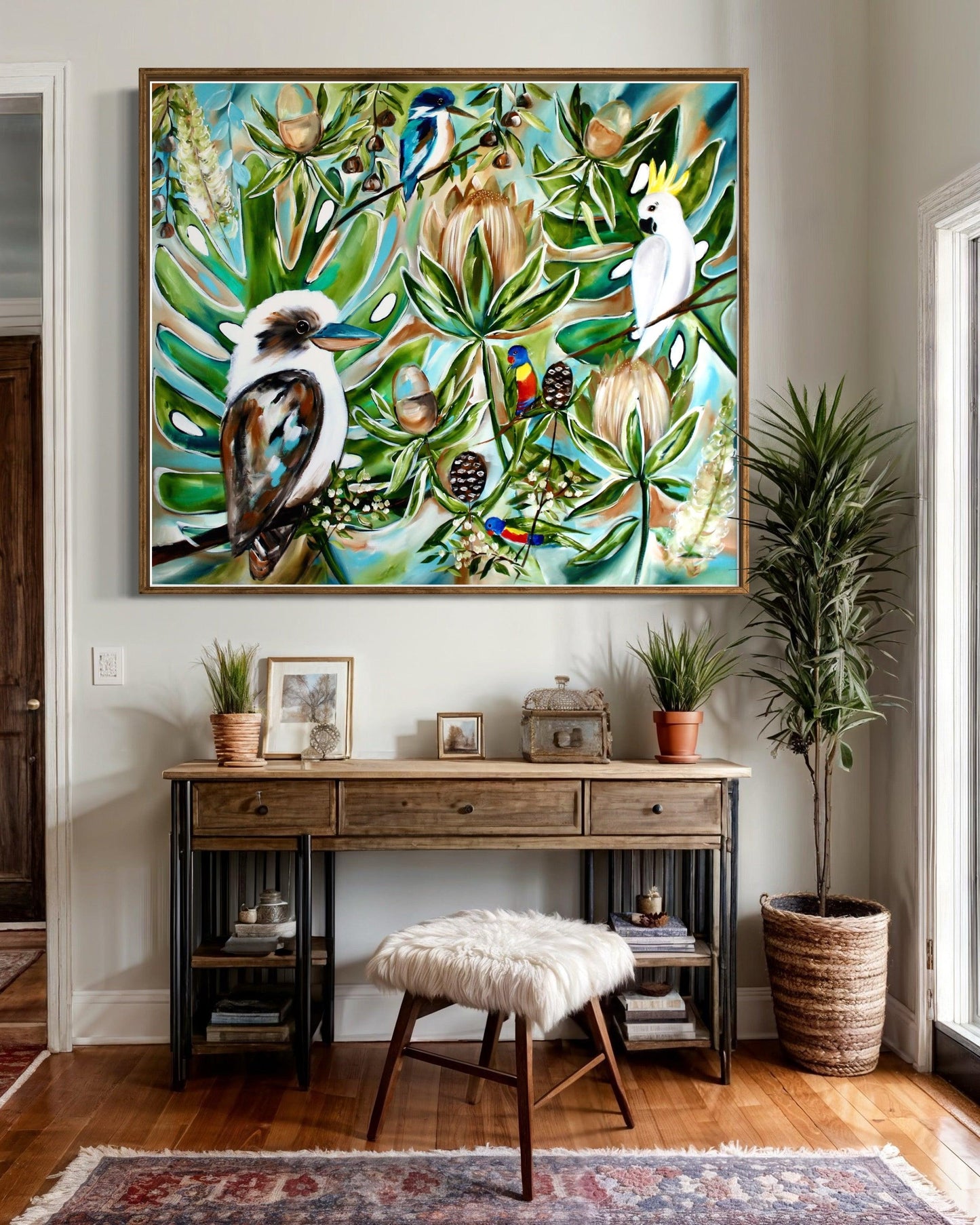 Lush Australiana: A Symphony of Native Flora and Feathered Friends - 1.4x1.2 - Julia Jones Art