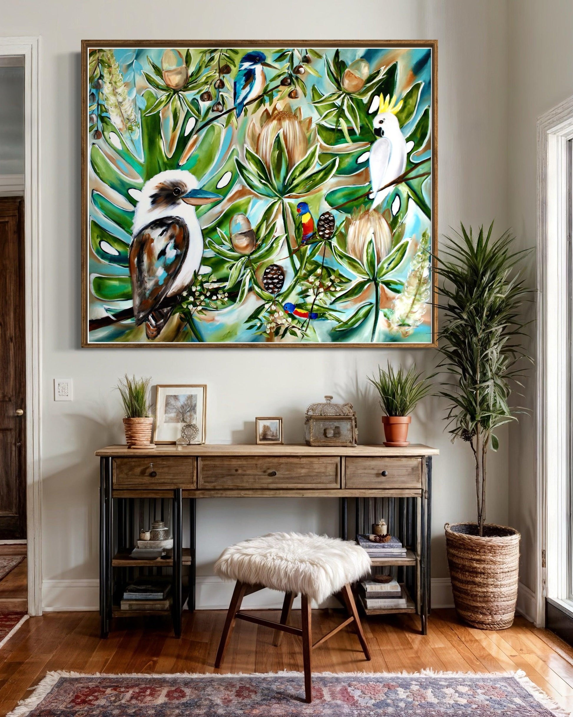 Lush Australiana: A Symphony of Native Flora and Feathered Friends - 1.4x1.2 - Julia Jones Art