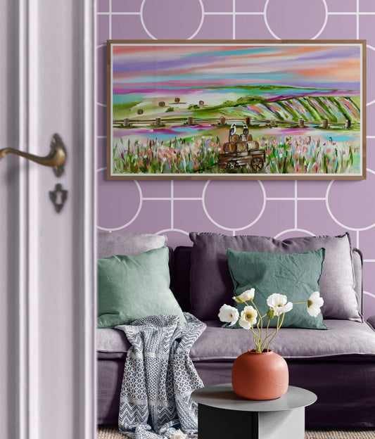 Kookaburras over pastel fields - 1.2 x 600