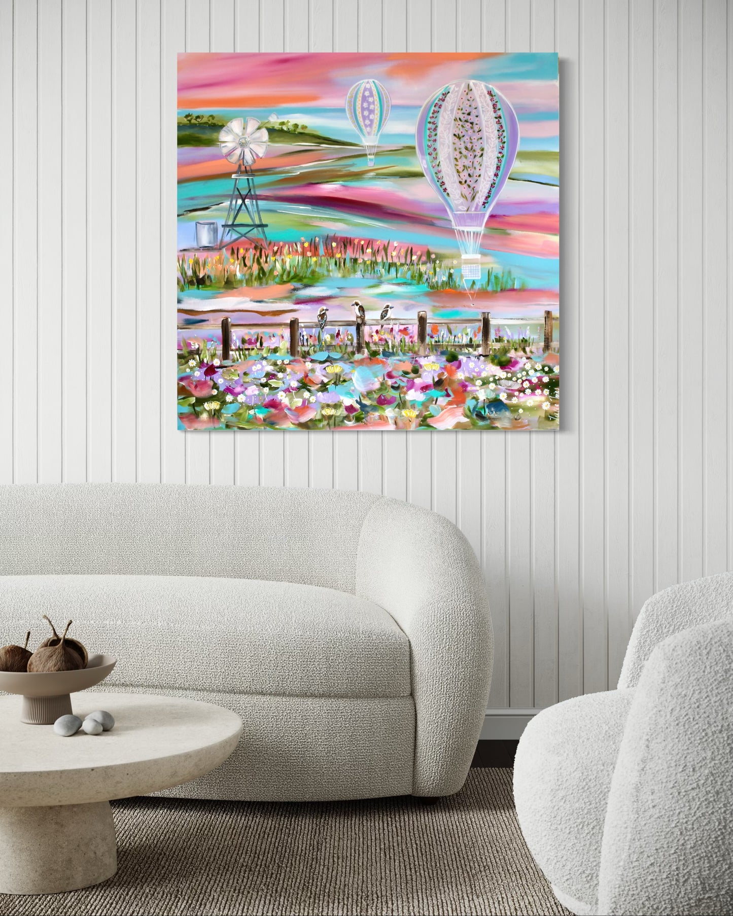 Floating Fields and Whimsical Hot Air Balloons -100 x 100 cm
