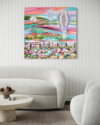 Floating Fields and Whimsical Hot Air Balloons -100 x 100 cm