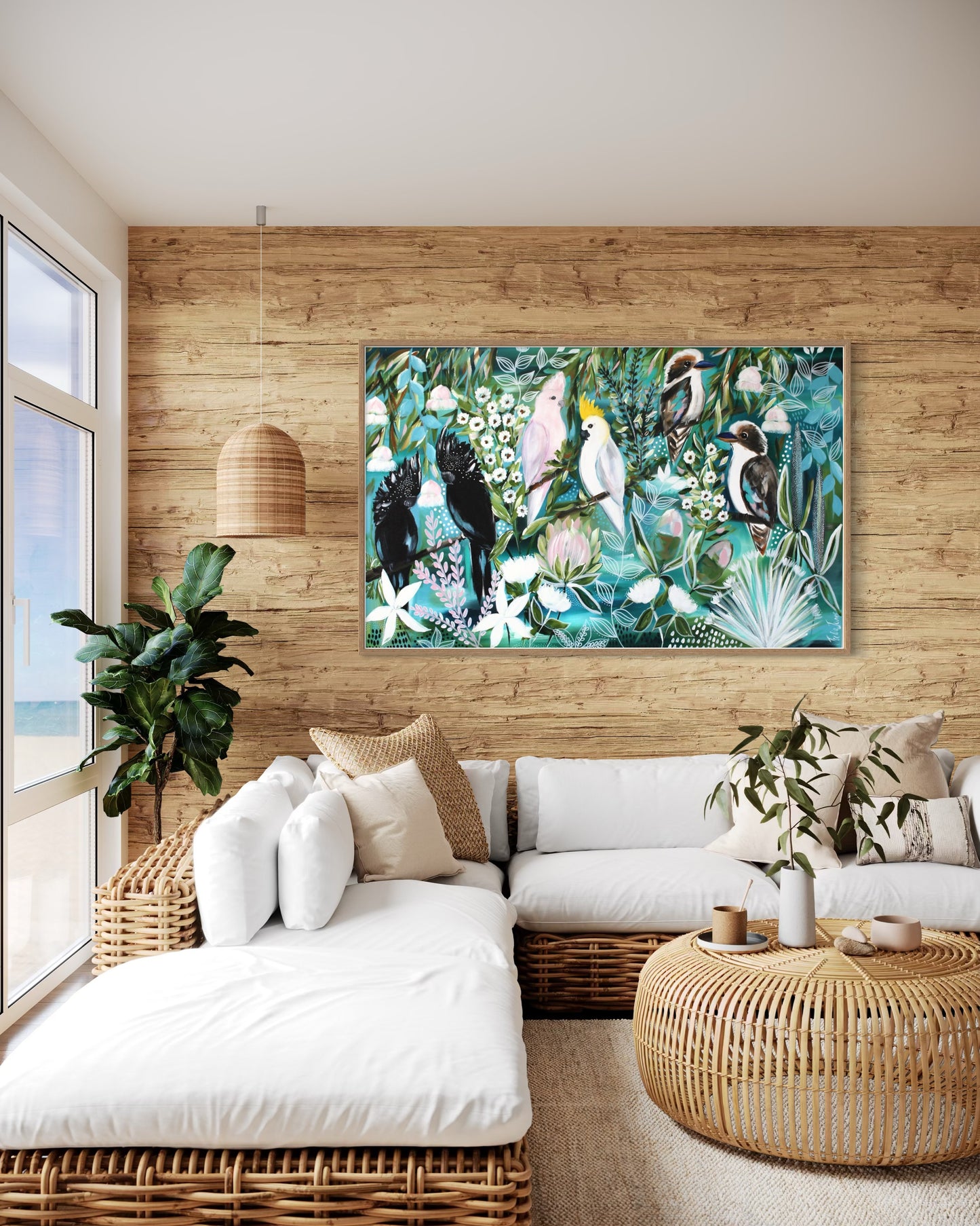 Kookaburras & Cockatoos Among Native Blooms - 1.4x900