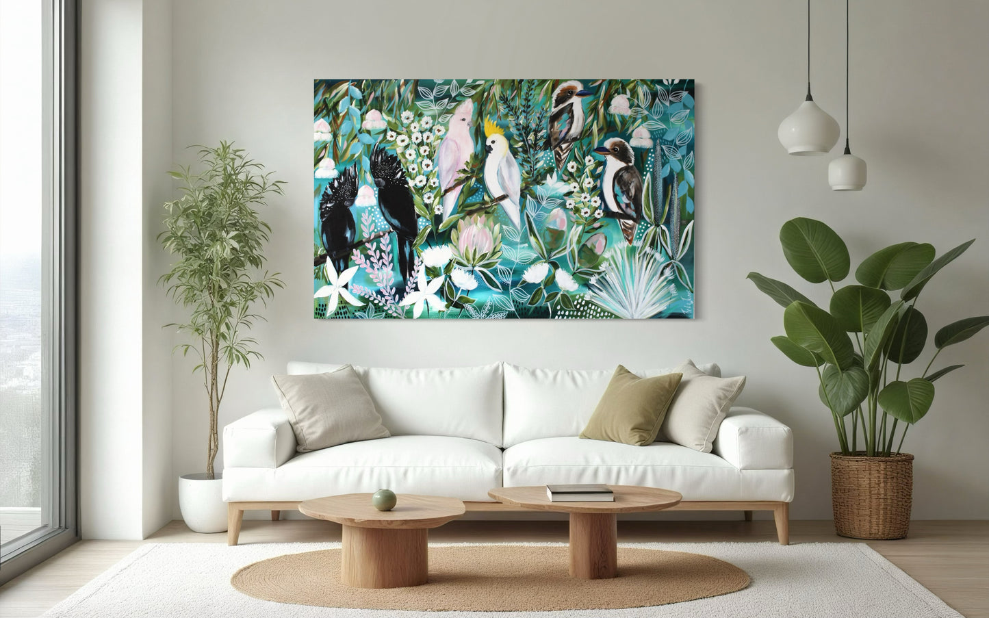 Kookaburras & Cockatoos Among Native Blooms - 1.4x900