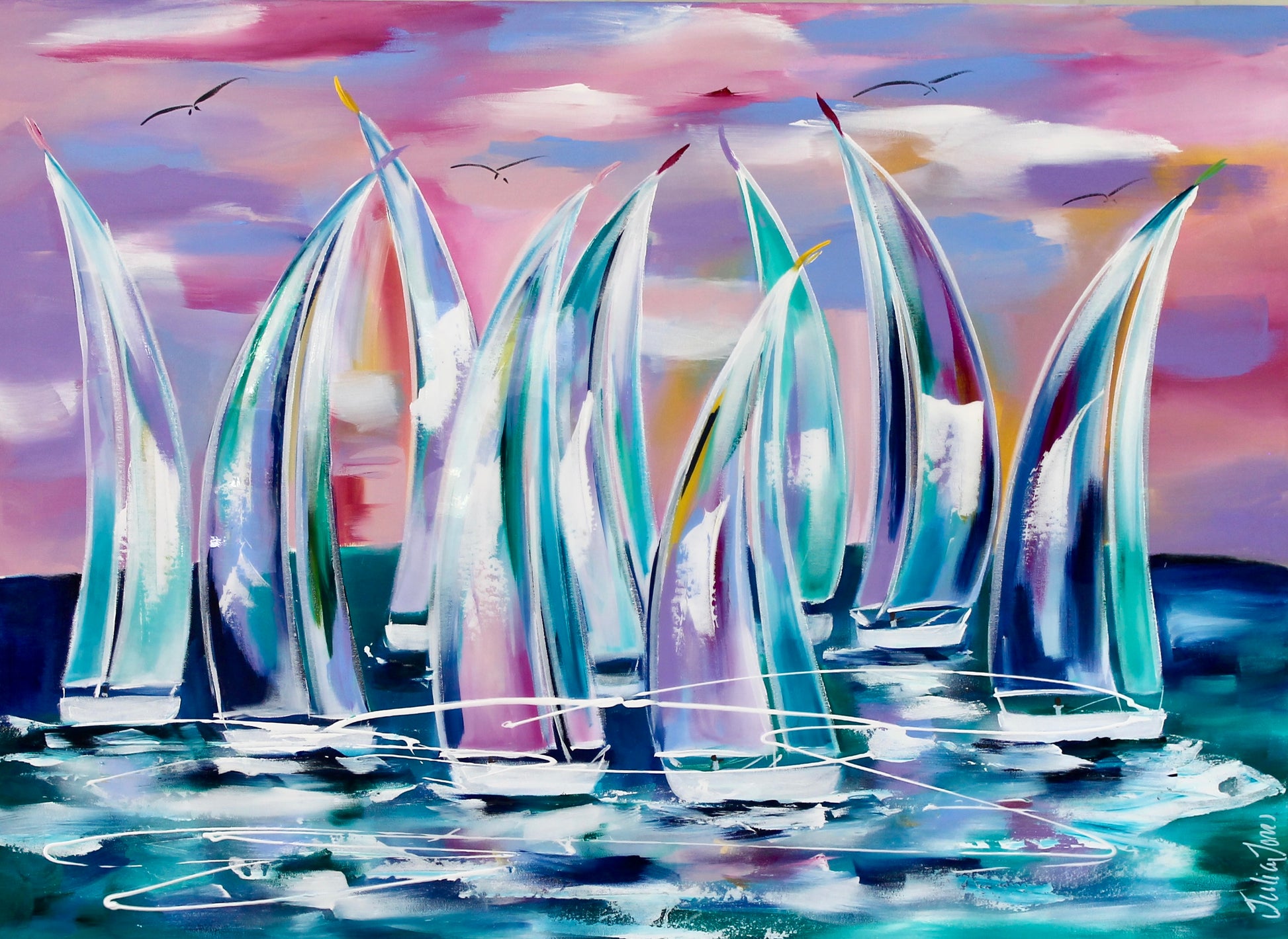 Abstract painting of sailboats with colorful sails against a pink sky