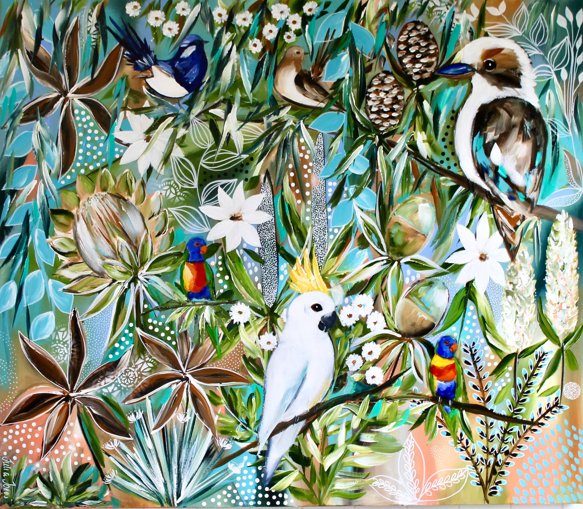 Colorful illustration of various birds and plants in a natural setting