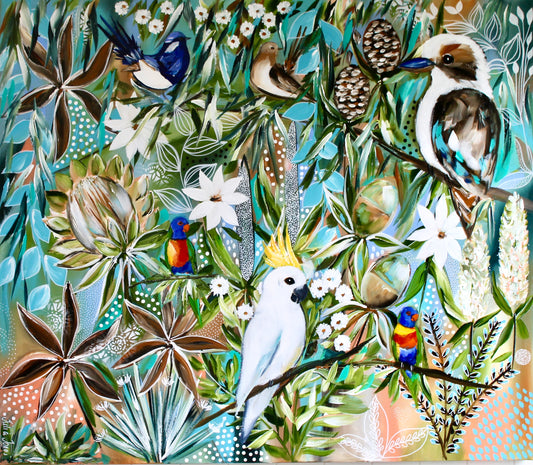 Colorful illustration of various birds and plants in a natural setting
