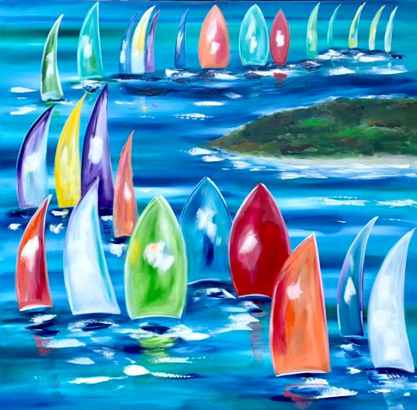 Yachts at Sea -1.4 x 1.4 - Original Artwork - Available by Commission