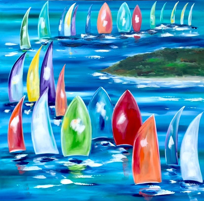 Yachts at Sea -1.4 x 1.4 - Original Artwork - Available by Commission